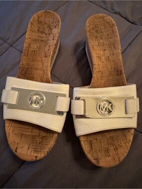 Michael Kors White and Silver MK Logo Cork Slide
